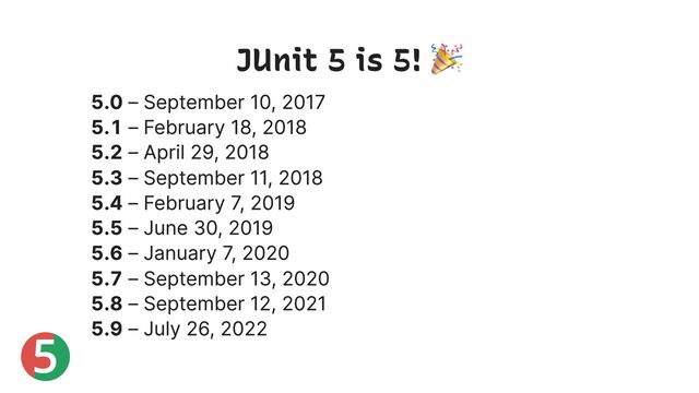 5
JUnit 5 is 5!
🎉
5.0 – September 10, 2017
5.1 – February 18, 2018
5.2 – April 29, 2018
5.3 – September 11, 2018
5.4 – February 7, 2019
5.5 – June 30, 2019
5.6 – January 7, 2020
5.7 – September 13, 2020
5.8 – September 12, 2021
5.9 – July 26, 2022
