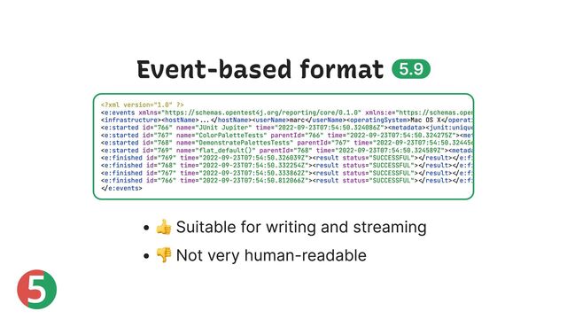 5
Event-based format 5.9
👍 Suitable for writing and streaming
👎 Not very human-readable


