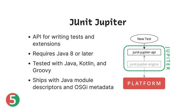 5
P L AT F O R M
J U P I T E R
API for writing tests and
extensions
Requires Java 8 or later
Tested with Java, Kotlin, and
Groovy
Ships with Java module
descriptors and OSGi metadata
JUnit Jupiter
