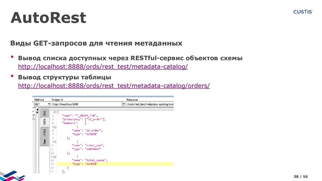 AutoRest
• Вывод списка доступных через RESTful-сервис объектов схемы
http://localhost:8888/ords/rest_test/metadata-catalog/
• Вывод структуры таблицы
http://localhost:8888/ords/rest_test/metadata-catalog/orders/
Виды GET-запросов для чтения метаданных
38 / 56
