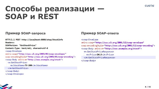 Способы реализации —
SOAP и REST
Пример SOAP-запроса Пример SOAP-ответа
8 / 56
