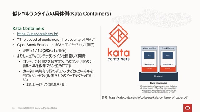 Kata Containers
• https://katacontainers.io/
• “The speed of containers, the security of VMs”
• OpenStack Foundationがオープンソースとして開発
• 最新v1.11.5(2020/12現在)
• よりセキュアなコンテナランタイムを目指して開発
• コンテナの軽量さを保ちつつ、このコンテナ間の分
離レベルを仮想マシン並みにする
• カーネルの共有を行わずコンテナごとにカーネルを
持つという実装(仮想マシンのアーキテクチャに近
い)
• エミュレータとしてQEMUを利用
低レベルランタイムの具体例(Kata Containers)
Copyright © 2020, Oracle and/or its affiliates.
33
参考: https://katacontainers.io/collateral/kata-containers-1pager.pdf

