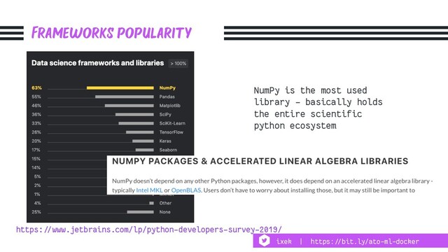 Frameworks popularity
NumPy is the most used
library - basically holds
the entire scientific
python ecosystem
https:!//www.jetbrains.com/lp/python-developers-survey-2019/
ixek | https:!//bit.ly/ato-ml-docker
