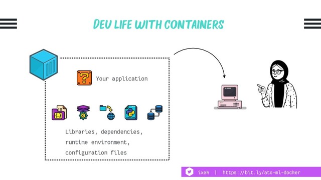 Dev life with containers
Your application
Libraries, dependencies,
runtime environment,
configuration files
ixek | https:!//bit.ly/ato-ml-docker
