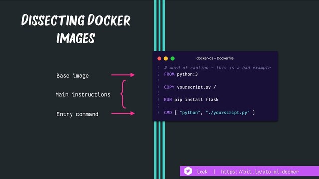 Base image
Main instructions
Entry command
Dissecting Docker
images
ixek | https:!//bit.ly/ato-ml-docker
