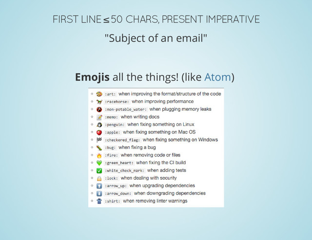 FIRST LINE ≤ 50 CHARS, PRESENT IMPERATIVE
"Subject of an email"
Emojis all the things! (like )
Atom
