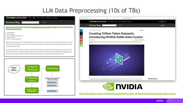 8
LLM Data Preprocessing (10s of TBs)
https://developer.nvidia.com/blog/curating-trillion-token-datasets-introducing-nemo-data-curator/

