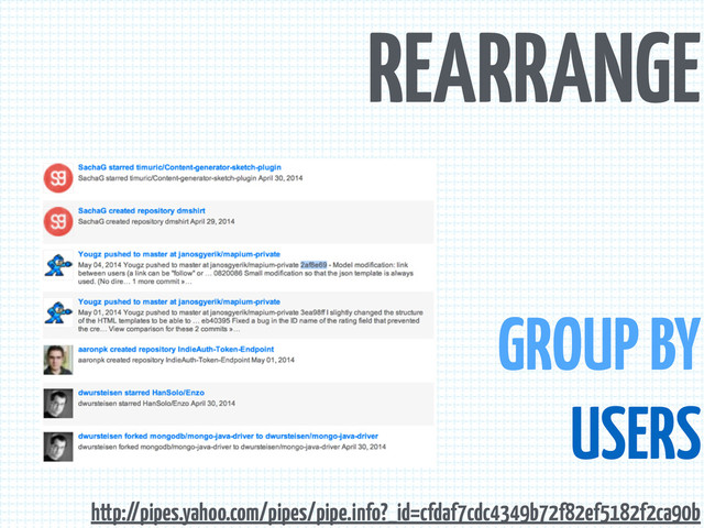 REARRANGE
GROUP BY
USERS
http://pipes.yahoo.com/pipes/pipe.info?_id=cfdaf7cdc4349b72f82ef5182f2ca90b
