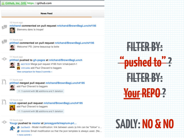 FILTER BY:
“pushed to” ?
FILTER BY:
Your REPO ?
!
SADLY: NO & NO
