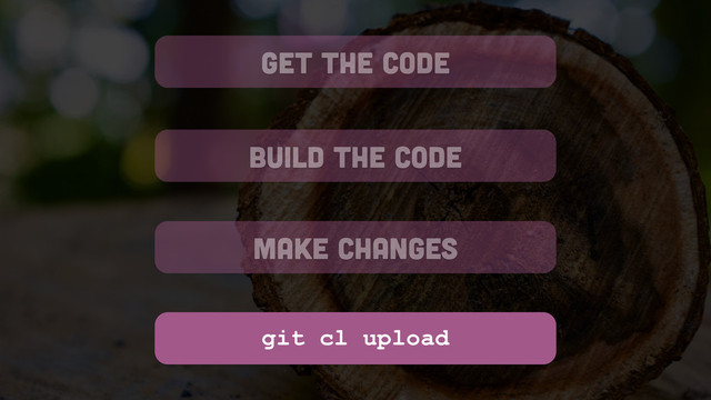 get the code
build the code
make changes
git cl upload
