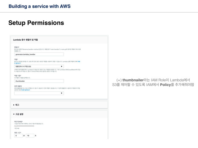 Building a service with AWS
(+) thumbnailerۄח IAM Role੉ Lambdaীࢲ
S3ܳ ઁযೡ ࣻ ੓ب۾ IAMীࢲ Policyܳ ୶о೧઻ঠೣ
Setup Permissions
