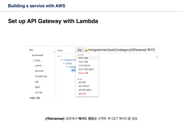 Building a service with AWS
Set up API Gateway with Lambda
{/ﬁlenamae} ҃۽ীࢲ ݫࢲ٘ ࢤࢿਸ ࢶఖೠ റ GET ݫࢲ٘ܳ ࢤࢿ
