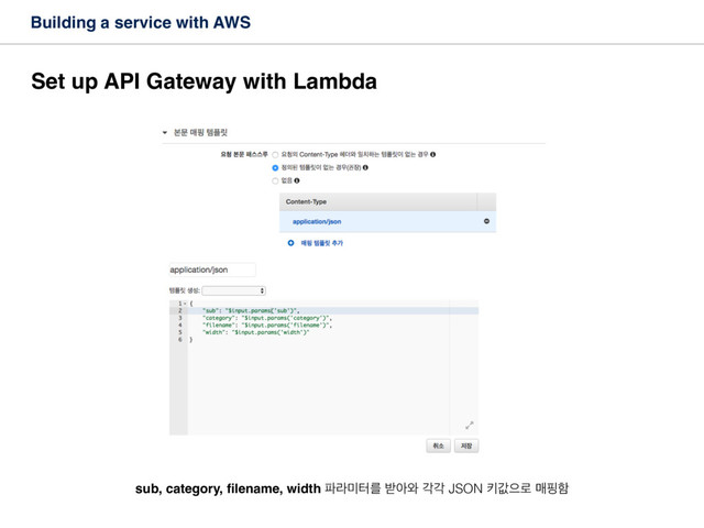 Building a service with AWS
Set up API Gateway with Lambda
sub, category, ﬁlename, width ౵ۄ޷ఠܳ ߉ই৬ пп JSON ఃчਵ۽ ݒೝೣ
