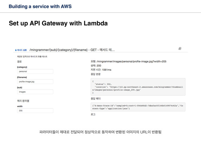 Building a service with AWS
Set up API Gateway with Lambda
౵ۄ޷ఠٜ੉ ઁ؀۽ ੹׳غয ੿࢚੸ਵ۽ ز੘ೞৈ ߸ജػ ੉޷૑੄ URL੉ ߈ജؽ
