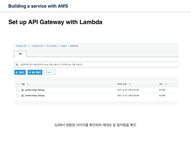 Building a service with AWS
Set up API Gateway with Lambda
S3ীࢲ ߸ജػ ੉޷૑ܳ ഛੋೞৈ ઁ؀۽ ੜ ز੘ೣਸ ഛੋ
