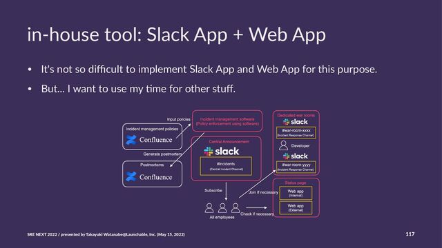 in-house tool: Slack App + Web App
• It's not so diﬃcult to implement Slack App and Web App for this purpose.
• But... I want to use my ?me for other stuﬀ.
SRE NEXT 2022 / presented by Takayuki Watanabe@Launchable, Inc. (May 15, 2022) 117
