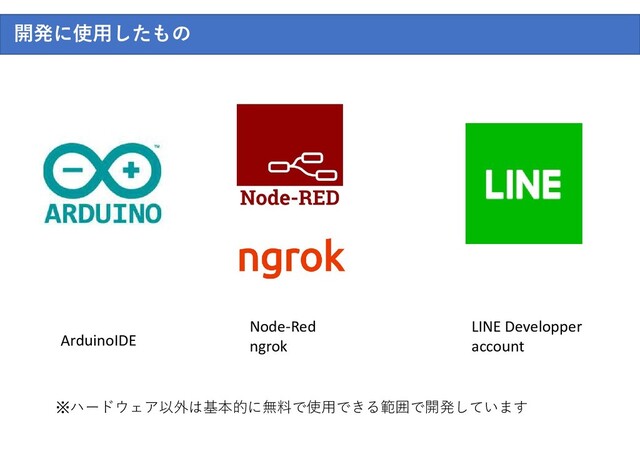※ハードウェア以外は基本的に無料で使用できる範囲で開発しています
ArduinoIDE
LINE Developper
account
Node-Red
ngrok
開発に使用したもの
