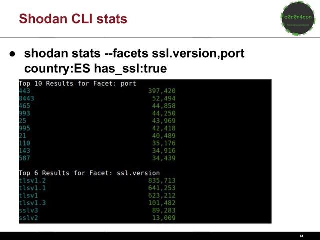 61
Shodan CLI stats
● shodan stats --facets ssl.version,port
country:ES has_ssl:true
