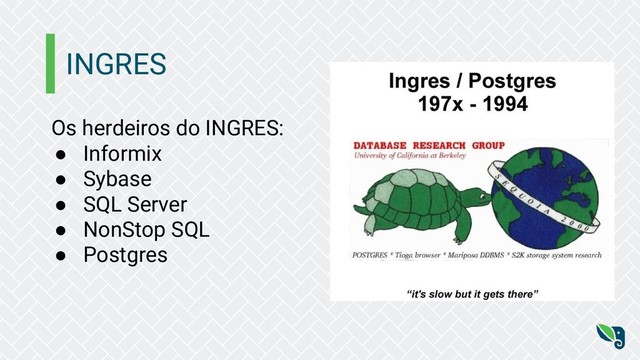 INGRES
Os herdeiros do INGRES:
● Informix
● Sybase
● SQL Server
● NonStop SQL
● Postgres
