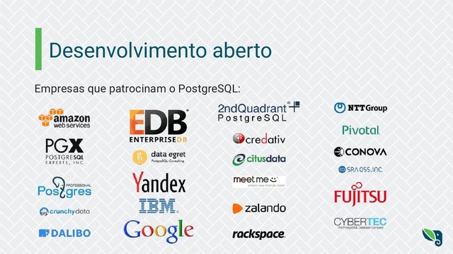 Desenvolvimento aberto
Empresas que patrocinam o PostgreSQL:
