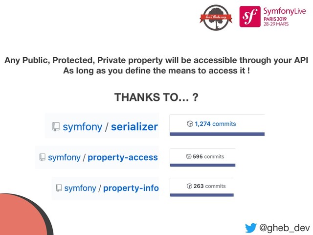 @gheb_dev
Any Public, Protected, Private property will be accessible through your API  
As long as you deﬁne the means to access it !
THANKS TO… ?
