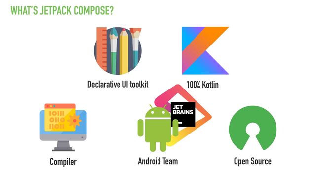 WHAT’S JETPACK COMPOSE?
100% Kotlin
Compiler Open Source
Declarative UI toolkit
Android Team
