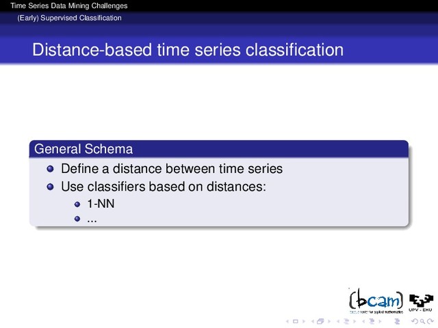 Time Series Data Mining Challenges
(Early) Supervised Classiﬁcation
Distance-based time series classiﬁcation
General Schema
Deﬁne a distance between time series
Use classiﬁers based on distances:
1-NN
...
