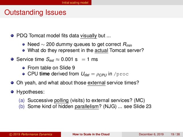 Initial scaling model
Outstanding Issues
PDQ Tomcat model ﬁts data visually but ...
Need ∼ 200 dummy queues to get correct Rmin
What do they represent in the actual Tomcat server?
Service time Sest ≈ 0.001 s = 1 ms
From table on Slide 9
CPU time derived from Udat
= ρCPU
in /proc
Oh yeah, and what about those external service times?
Hypotheses:
(a) Successive polling (visits) to external services? (MC)
(b) Some kind of hidden parallelism? (NJG) ... see Slide 23
c 2019 Performance Dynamics How to Scale in the Cloud December 6, 2019 19 / 38

