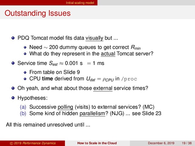 Initial scaling model
Outstanding Issues
PDQ Tomcat model ﬁts data visually but ...
Need ∼ 200 dummy queues to get correct Rmin
What do they represent in the actual Tomcat server?
Service time Sest ≈ 0.001 s = 1 ms
From table on Slide 9
CPU time derived from Udat
= ρCPU
in /proc
Oh yeah, and what about those external service times?
Hypotheses:
(a) Successive polling (visits) to external services? (MC)
(b) Some kind of hidden parallelism? (NJG) ... see Slide 23
All this remained unresolved until ...
c 2019 Performance Dynamics How to Scale in the Cloud December 6, 2019 19 / 38
