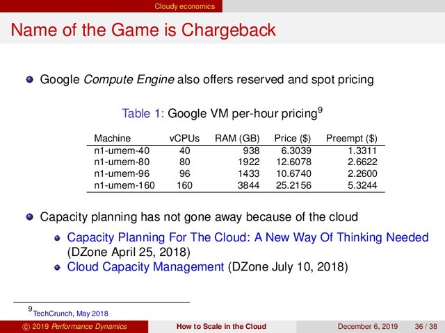 Cloudy economics
Name of the Game is Chargeback
Google Compute Engine also offers reserved and spot pricing
Table 1: Google VM per-hour pricing9
Machine vCPUs RAM (GB) Price ($) Preempt ($)
n1-umem-40 40 938 6.3039 1.3311
n1-umem-80 80 1922 12.6078 2.6622
n1-umem-96 96 1433 10.6740 2.2600
n1-umem-160 160 3844 25.2156 5.3244
Capacity planning has not gone away because of the cloud
Capacity Planning For The Cloud: A New Way Of Thinking Needed
(DZone April 25, 2018)
Cloud Capacity Management (DZone July 10, 2018)
9
TechCrunch, May 2018
c 2019 Performance Dynamics How to Scale in the Cloud December 6, 2019 36 / 38
