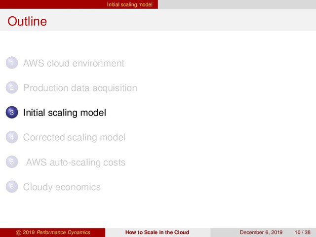 Initial scaling model
Outline
1 AWS cloud environment
2 Production data acquisition
3 Initial scaling model
4 Corrected scaling model
5 AWS auto-scaling costs
6 Cloudy economics
c 2019 Performance Dynamics How to Scale in the Cloud December 6, 2019 10 / 38

