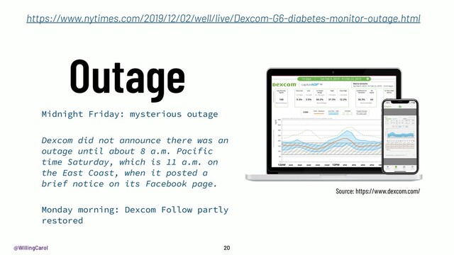 @WillingCarol
Outage
Midnight Friday: mysterious outage
Dexcom did not announce there was an
outage until about 8 a.m. Pacific
time Saturday, which is 11 a.m. on
the East Coast, when it posted a
brief notice on its Facebook page.
Monday morning: Dexcom Follow partly
restored
20
https://www.nytimes.com/2019/12/02/well/live/Dexcom-G6-diabetes-monitor-outage.html
Source: https://www.dexcom.com/
