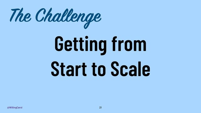 @WillingCarol
Getting from
Start to Scale
21
The Challenge

