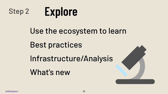 @WillingCarol
Explore
53
Use the ecosystem to learn
Best practices
Infrastructure/Analysis
What's new
Step 2
