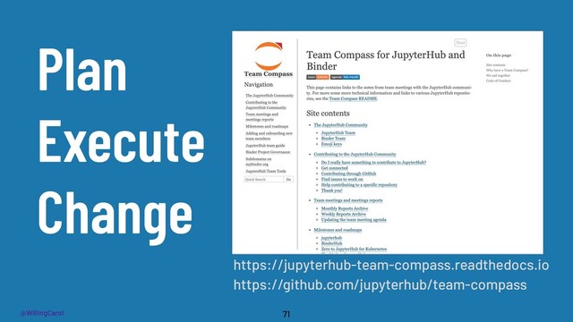 @WillingCarol
Plan
Execute
Change
71
https://jupyterhub-team-compass.readthedocs.io
https://github.com/jupyterhub/team-compass

