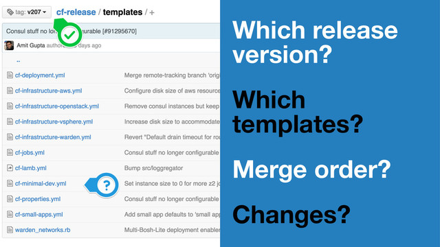 Which release
version?
Which
templates?
Merge order?
Changes?
