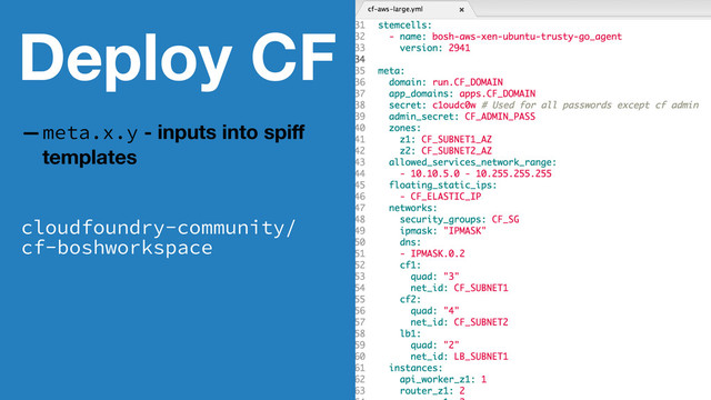 Deploy CF
—meta.x.y - inputs into spiﬀ
templates
cloudfoundry-community/
cf-boshworkspace
