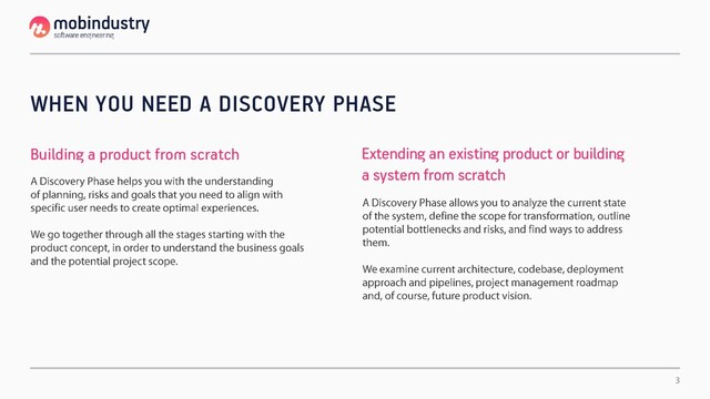 WHEN YOU NEED A DISCOVERY PHASE
Building a product from scratch Extending an existing product or building
a system from scratch
