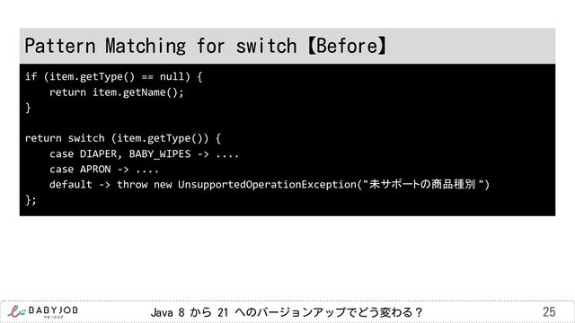 Java 8 から 21 へのバージョンアップでどう変わる？ 25
Pattern Matching for switch【Before】
if (item.getType() == null) {
return item.getName();
}
return switch (item.getType()) {
case DIAPER, BABY_WIPES -> ....
case APRON -> ....
default -> throw new UnsupportedOperationException("未サポートの商品種別 ")
};
