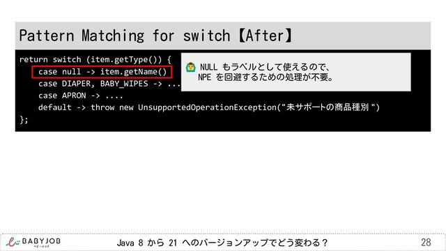Java 8 から 21 へのバージョンアップでどう変わる？ 28
return switch (item.getType()) {
case null -> item.getName()
case DIAPER, BABY_WIPES -> ....
case APRON -> ....
default -> throw new UnsupportedOperationException("未サポートの商品種別 ")
};
Pattern Matching for switch【After】
󰢏 NULL もラベルとして使えるので、
NPE を回避するための処理が不要。
