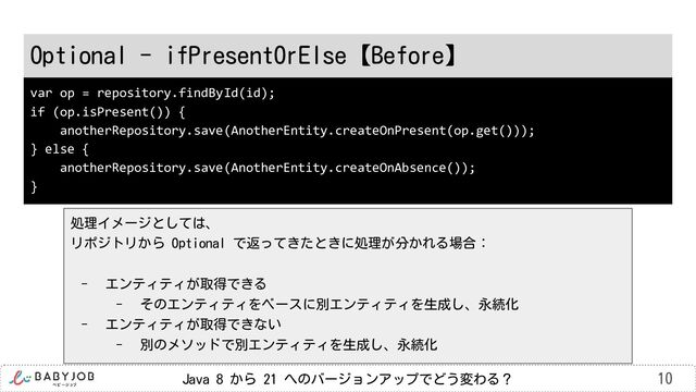Java 8 から 21 へのバージョンアップでどう変わる？
Optional - ifPresentOrElse【Before】
10
var op = repository.findById(id);
if (op.isPresent()) {
anotherRepository.save(AnotherEntity.createOnPresent(op.get()));
} else {
anotherRepository.save(AnotherEntity.createOnAbsence());
}
処理イメージとしては、
リポジトリから Optional で返ってきたときに処理が分かれる場合：
- エンティティが取得できる
- そのエンティティをベースに別エンティティを生成し、永続化
- エンティティが取得できない
- 別のメソッドで別エンティティを生成し、永続化
