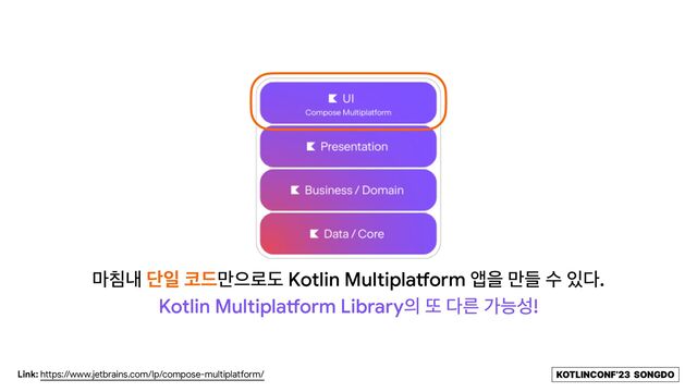 KOTLINCONF’23 SONGDO
Link: https://www.jetbrains.com/lp/compose-multiplatform/
݃ஜղ ױੌ ௏٘݅ਵ۽ب Kotlin Multipla
tf
orm জਸ ٜ݅ ࣻ ੓׮.
Kotlin Multipla
tf
orm Library੄ ژ ׮ܲ оמࢿ!
