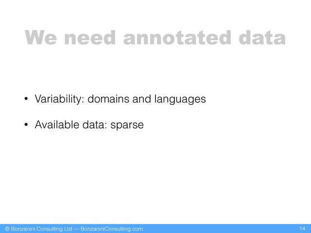 © Bonzanini Consulting Ltd — BonzaniniConsulting.com
We need annotated data
• Variability: domains and languages
• Available data: sparse
14
