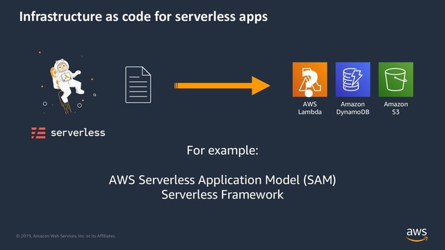 © 2019, Amazon Web Services, Inc. or its Affiliates.
Infrastructure as code for serverless apps
For example:
AWS Serverless Application Model (SAM)
Serverless Framework
AWS
Lambda
Amazon
DynamoDB
Amazon
S3
?
