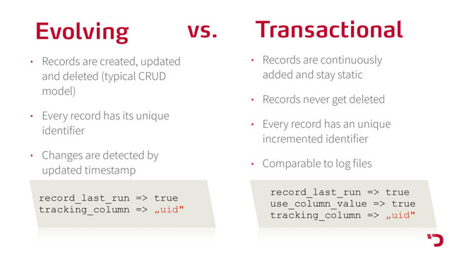 Transactional
• Records are continuously
added and stay static
• Records never get deleted
• Every record has an unique
incremented identifier
• Comparable to log files
Evolving
• Records are created, updated
and deleted (typical CRUD
model)
• Every record has its unique
identifier
• Changes are detected by
updated timestamp
vs.
record_last_run => true
use_column_value => true
tracking_column => „uid"
record_last_run => true
tracking_column => „uid"
