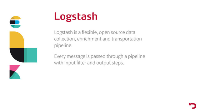 Logstash
Logstash is a flexible, open source data
collection, enrichment and transportation
pipeline.
Every message is passed through a pipeline
with input filter and output steps.
