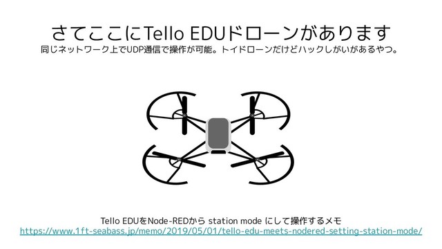 さてここにTello EDUドローンがあります
同じネットワーク上でUDP通信で操作が可能。トイドローンだけどハックしがいがあるやつ。
Tello EDUをNode-REDから station mode にして操作するメモ
https://www.1ft-seabass.jp/memo/2019/05/01/tello-edu-meets-nodered-setting-station-mode/

