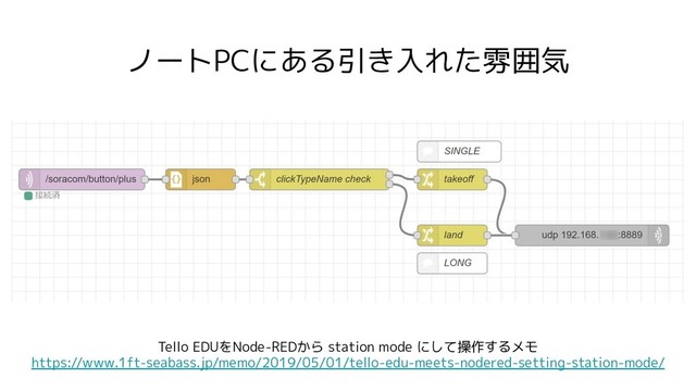 ノートPCにある引き入れた雰囲気
Tello EDUをNode-REDから station mode にして操作するメモ
https://www.1ft-seabass.jp/memo/2019/05/01/tello-edu-meets-nodered-setting-station-mode/
