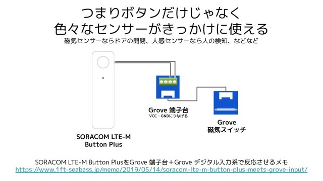つまりボタンだけじゃなく
色々なセンサーがきっかけに使える
磁気センサーならドアの開閉、人感センサーなら人の検知、などなど
SORACOM LTE-M Button PlusをGrove 端子台＋Grove デジタル入力系で反応させるメモ
https://www.1ft-seabass.jp/memo/2019/05/14/soracom-lte-m-button-plus-meets-grove-input/
