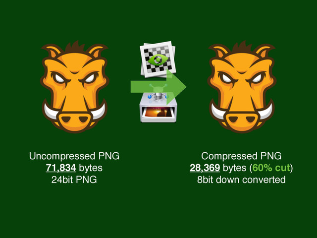 Uncompressed PNG
71,834 bytes
24bit PNG
Compressed PNG
28,369 bytes (60% cut)
8bit down converted
